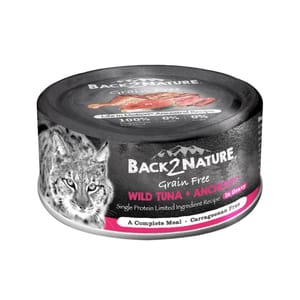 Back2nature Back2nature 貓罐頭 無穀物肉絲主食罐 野生吞拿魚+鳀魚 80g 80g  正面圖